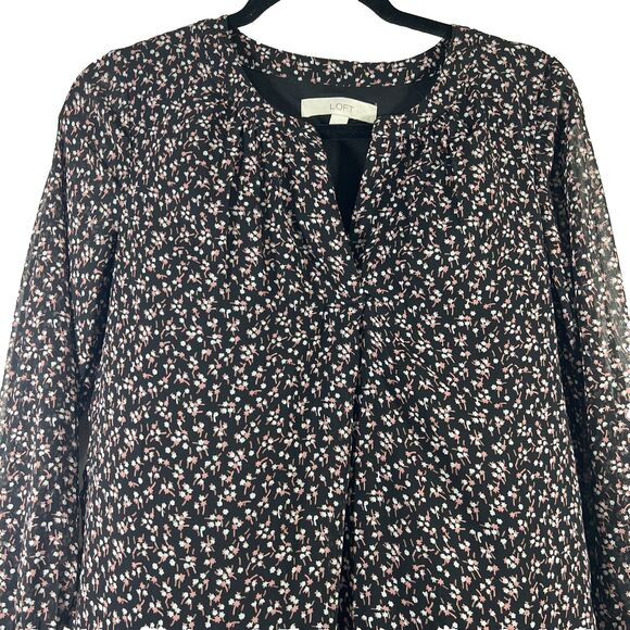 Loft Ruffle Ditsy Floral Vine Dress Knee Length Semi Sheer Long Sleeves Size XS - Picture 2 of 12